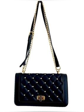 Badgley Mischka Black Quilted Gold Chain Crossbody Bag with Square Studs